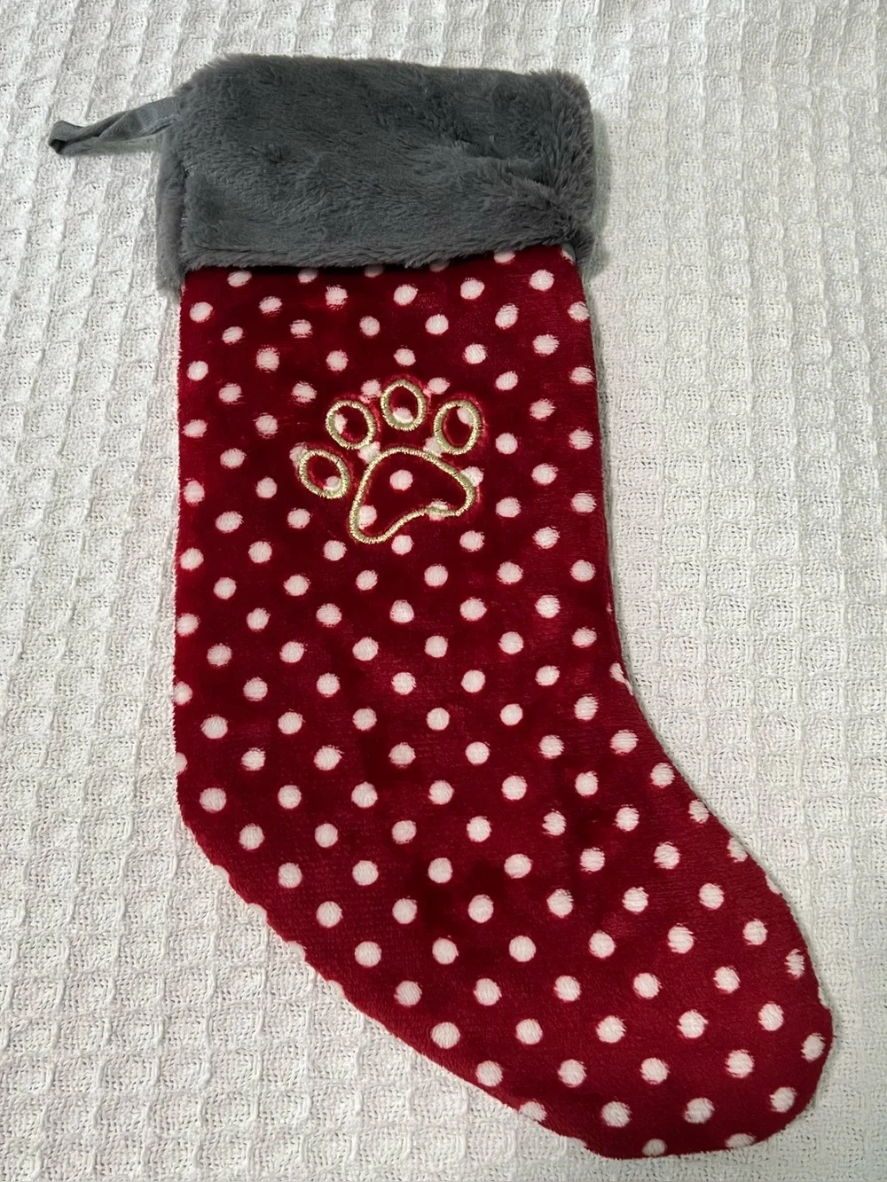 Plush Dog Christmas Stocking 18” Red White Velvet Gray Trim Gold Embroidered Paw